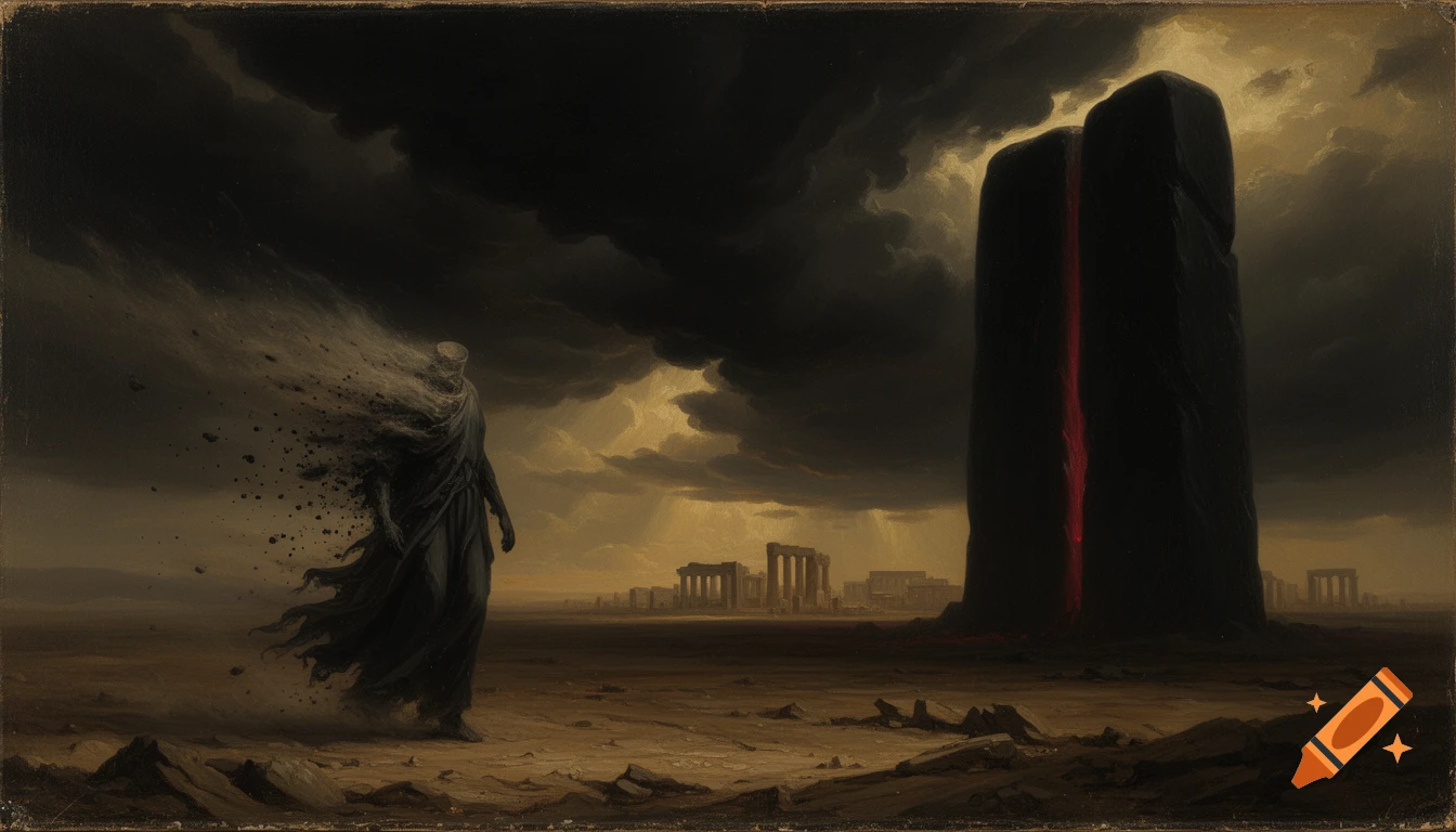 A dark oil painting of a disintegrating figure facing a glowing black monolith in a desolate, stormy wasteland with ruins.