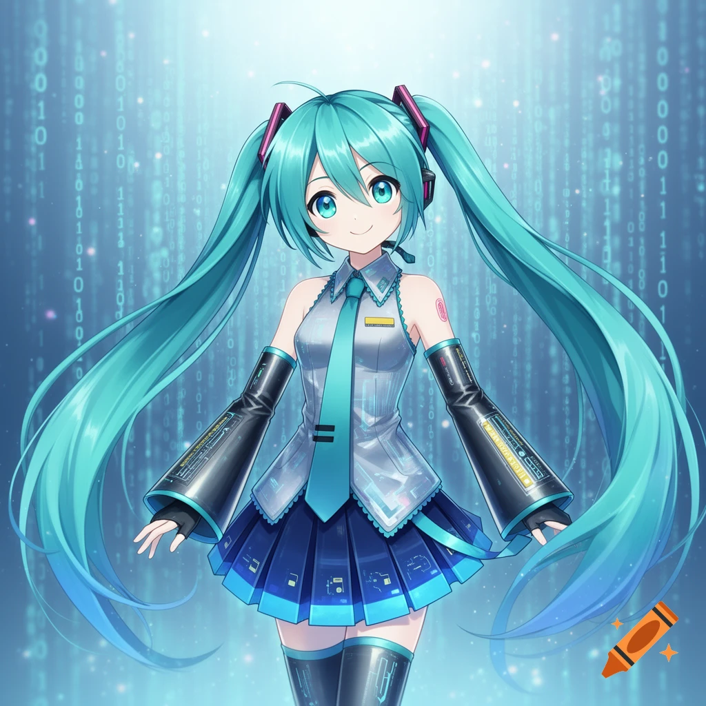 Hatsune Miku smiles, wearing her iconic teal twin-tails and uniform, against a binary code background.