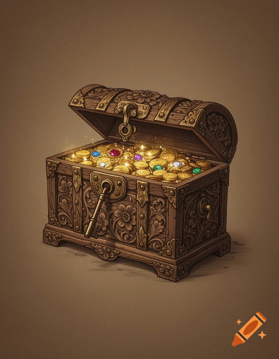 An ornate, old wooden treasure chest with a key in its lock, overflowing with glowing gold coins and colorful gems. Illustrated.
