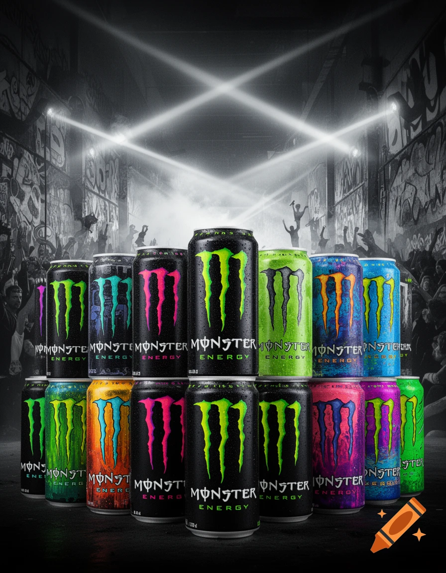 A vibrant display of various Monster Energy drink cans in a dynamic urban concert setting with graffiti-covered walls and bright stage lights.