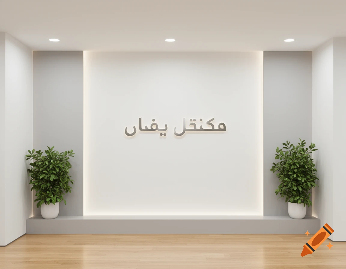 Modern minimalist interior wall design with a central white panel, recessed lighting, and two green potted plants on a gray ledge.