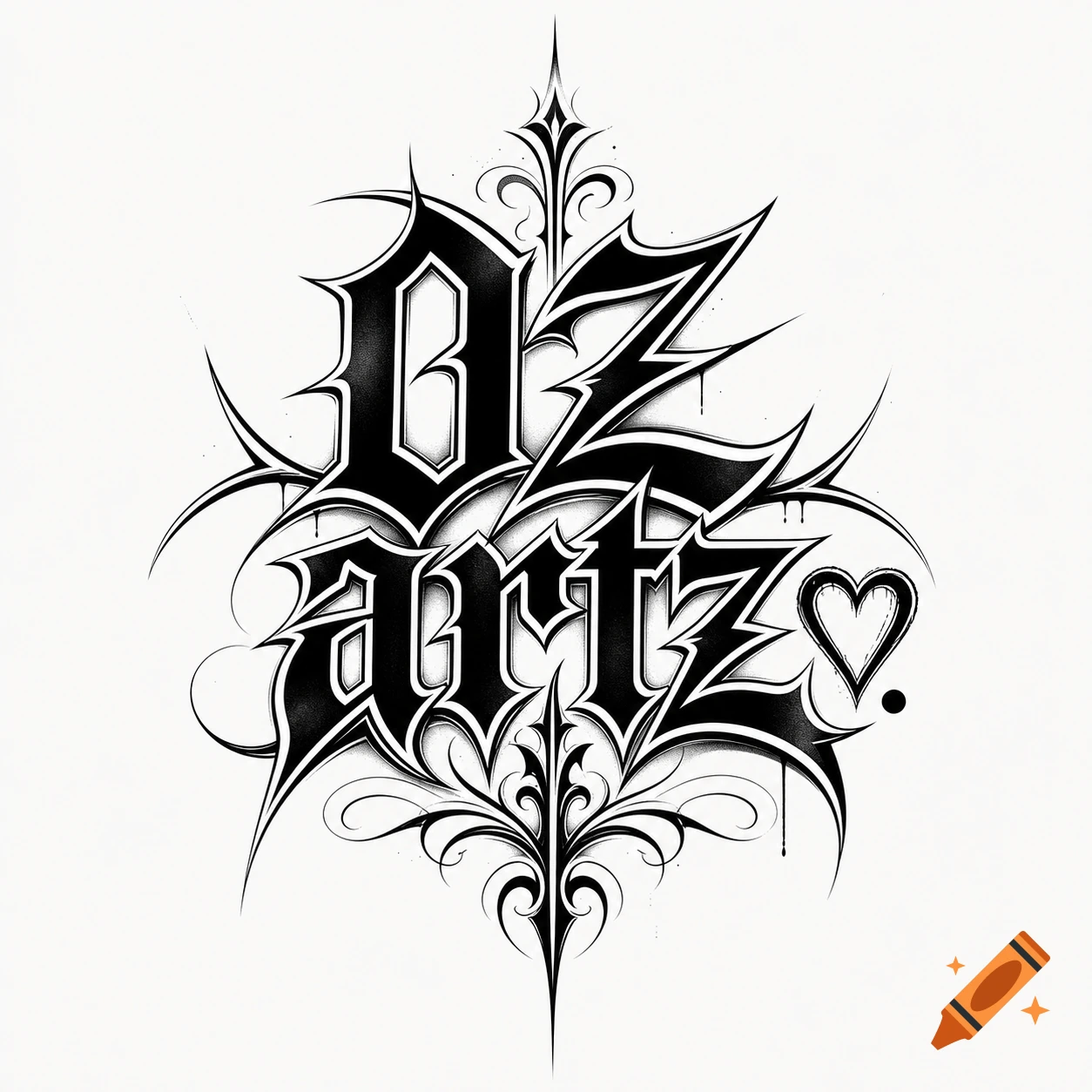 Black and white 'DZ ARTZ' logo in a gothic tattoo style with spikes, drips, swirls, a small heart, and a period.
