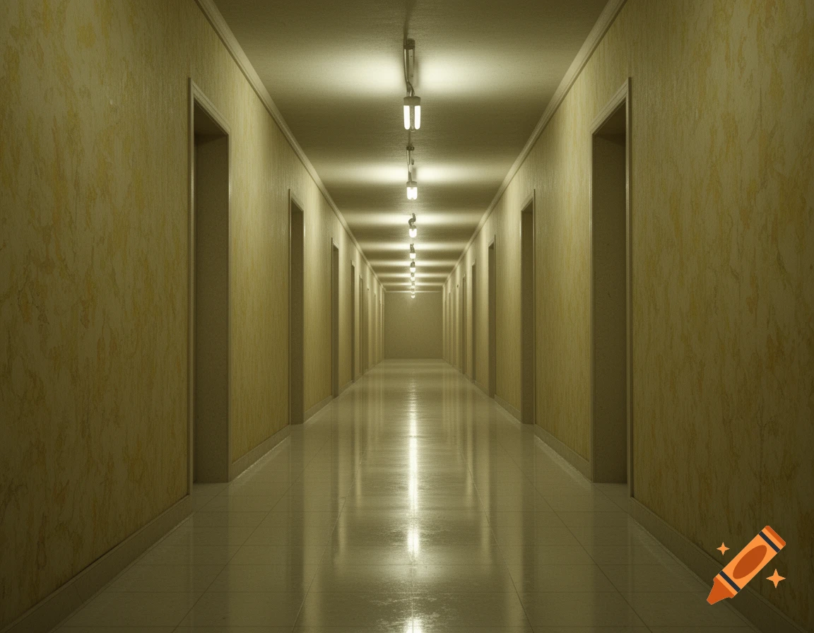 A long, empty, unnerving hallway with pale yellow textured walls, multiple doors, a reflective tiled floor, and fluorescent lights.