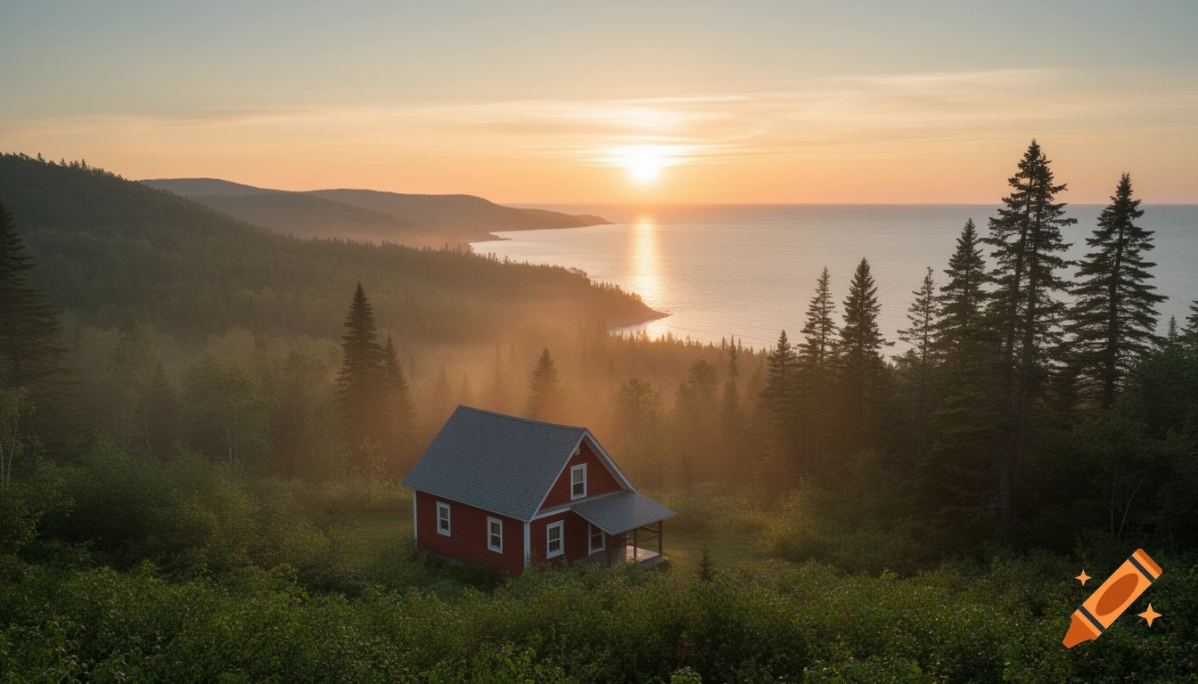 A red house in a misty green forest overlooking the sea at sunrise, with golden light reflecting on the water.