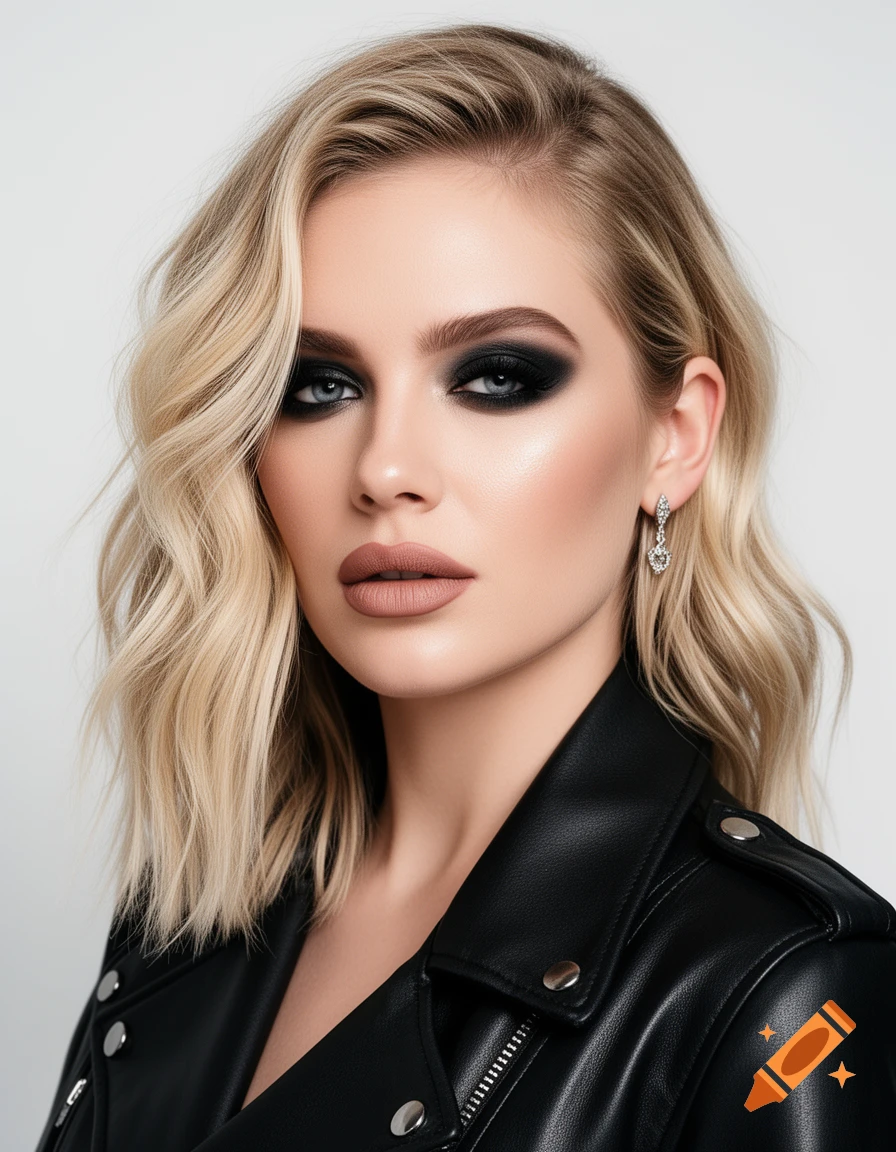 Blonde woman with wavy hair, dark smokey eye makeup, nude lipstick, and a black leather jacket in a beauty photo.