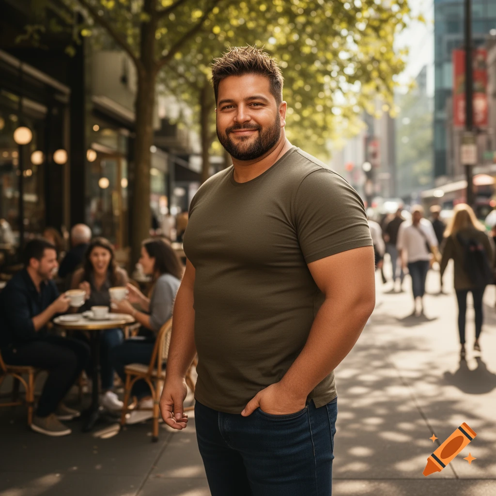 A smiling man with a beard stands on a sunny urban sidewalk, hands in pockets, with blurred people and cafes in the background.