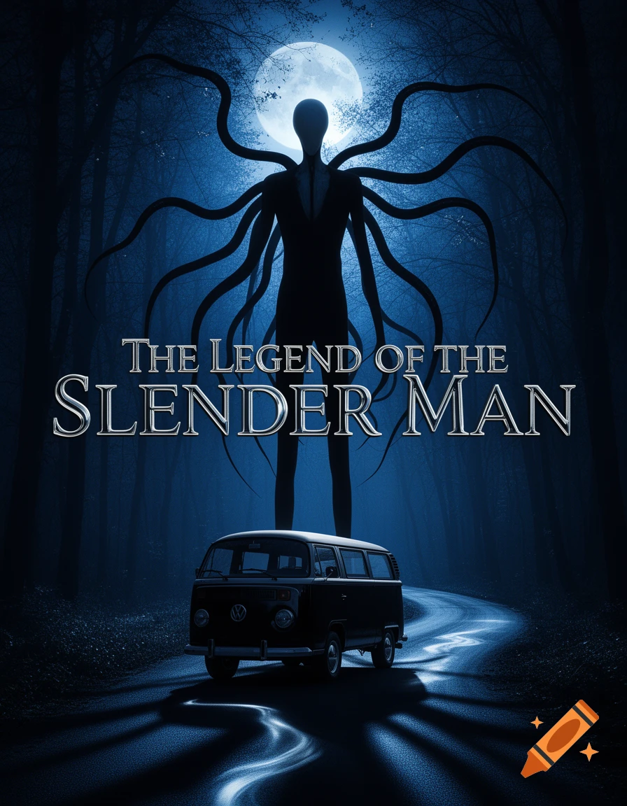 A dark blue horror movie poster featuring Slender Man with tentacles looming over a VW van on a winding road in a moonlit, misty forest. Text reads: "The Legend of the Slender Man".