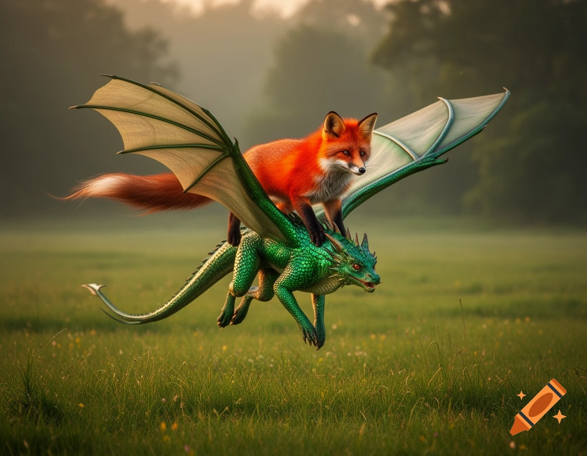 A photorealistic image of a red fox riding a small green dragon flying low over a lush green field.