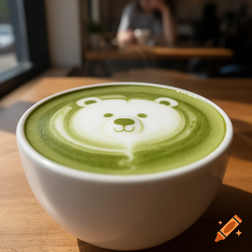 A close-up of a matcha latte in a white cup with cute bear latte art, in a blurred cafe background.