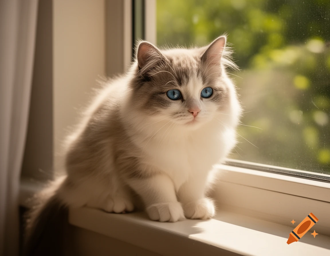 A fluffy white and grey cat with striking blue eyes sits on a sunny windowsill, looking out the window, photorealistic.