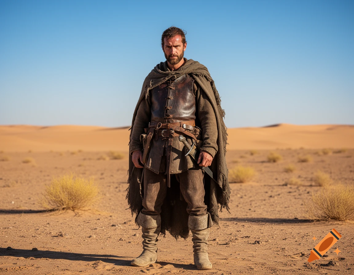 A serious man in medieval-style rugged clothing and a cloak stands in a barren desert under a clear blue sky.