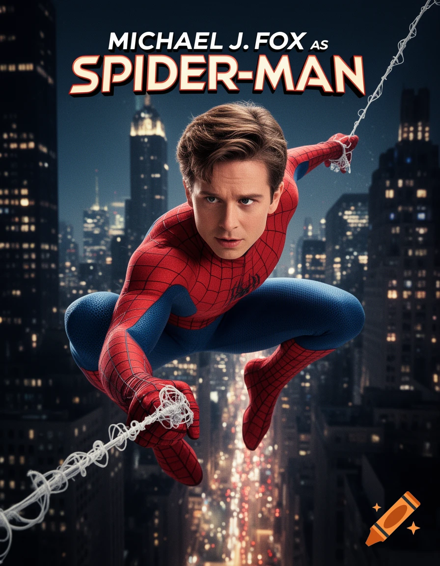 A movie poster for 'Michael J. Fox as Spider-Man' shows the actor in a Spider-Man suit, suspended by webbing over a nighttime city.