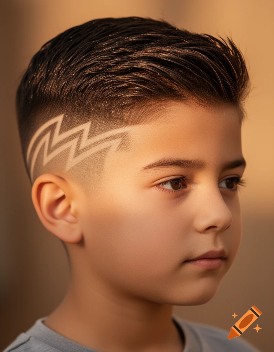 A boy with a neat haircut featuring a side fade and a zigzag razor line design.