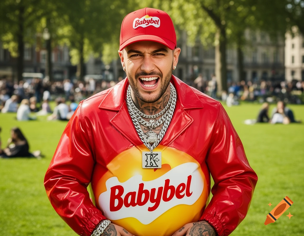A smiling man wearing a red jacket, a red 'Babybel' cap, and multiple silver chains, posing in a sunny park.