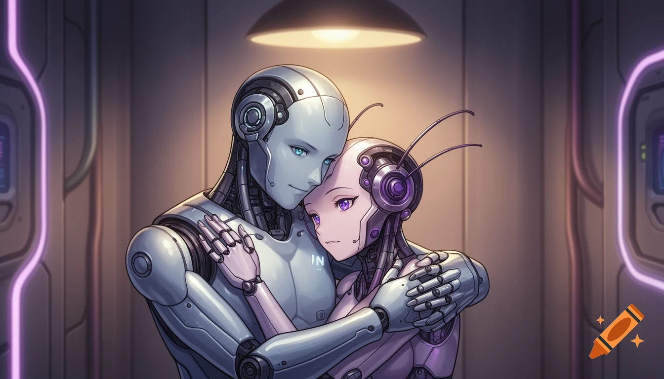 Two anthropomorphic robots, one grey and one purple, cuddle affectionately in a sci-fi setting, drawn in an anime style.