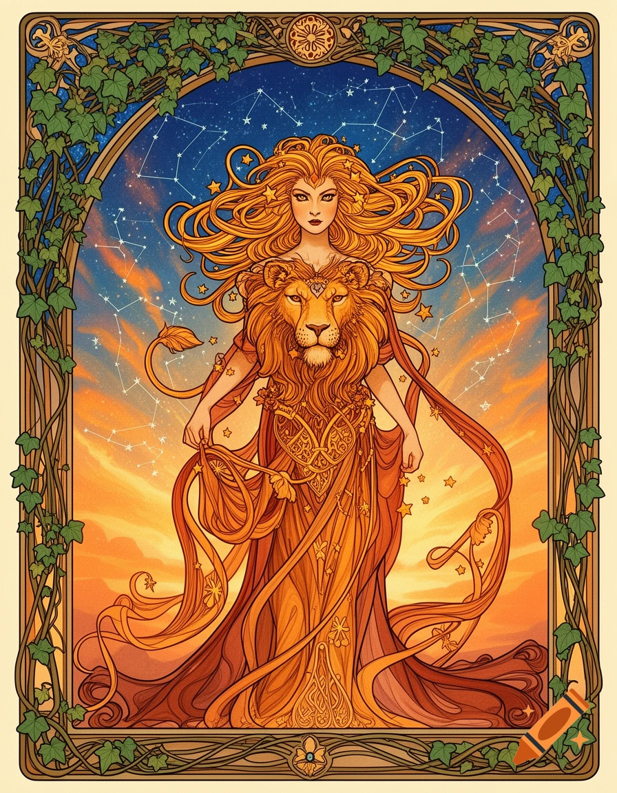 Art Nouveau illustration of a woman embodying Leo zodiac, with a lion's head and flowing golden hair and gown, against a celestial sunset.
