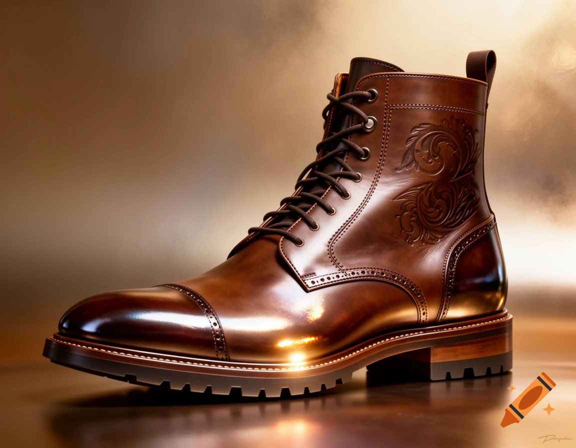 A single polished brown leather lace-up boot with brogue detailing and an embossed swirling pattern. Photorealistic.