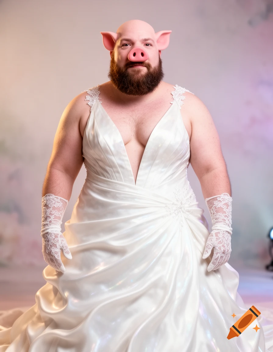 A bald, bearded man with pig snout and ears, wearing a white wedding dress and lace gloves, stands looking at the camera.