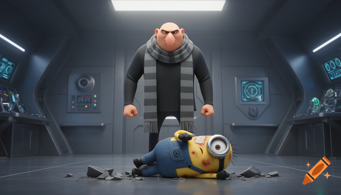Gru stands over an injured Minion Stuart with bandages and bruises in a futuristic gray room, 3D animation.
