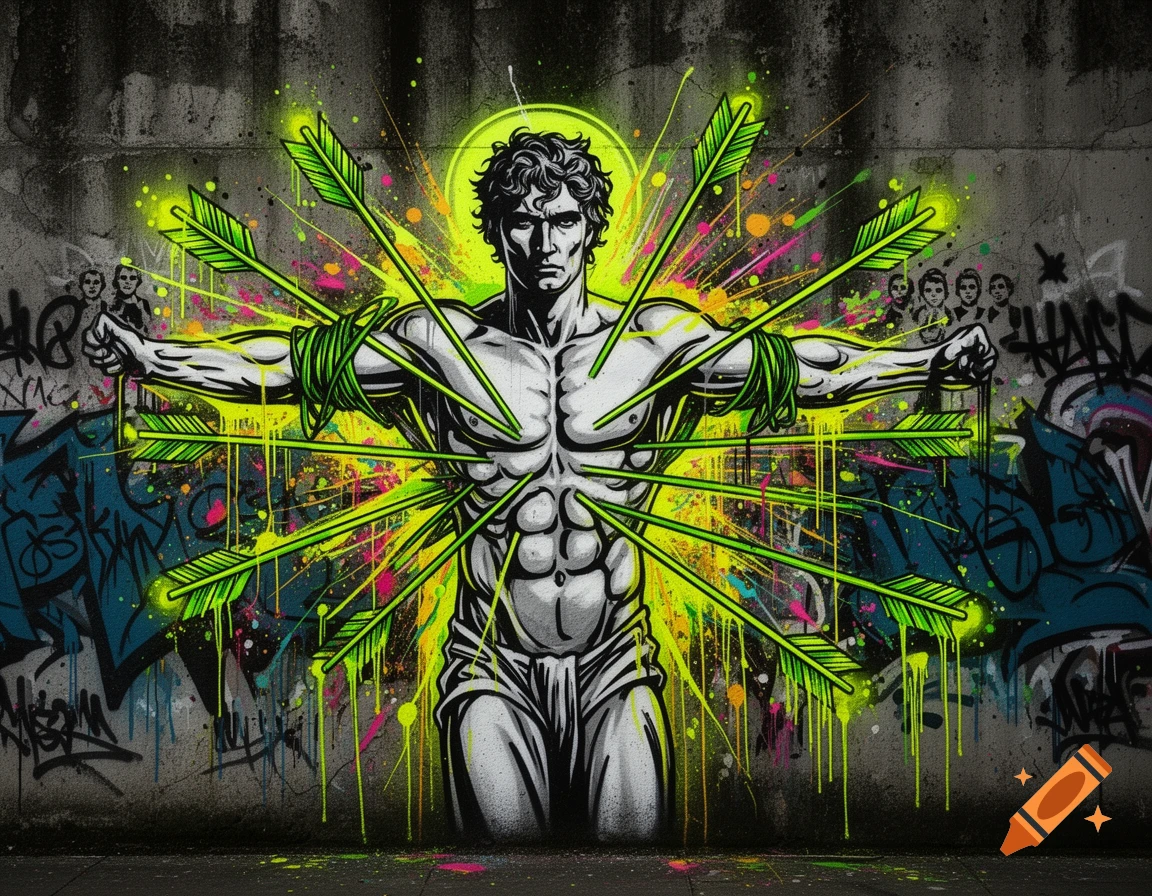 A vibrant graffiti mural of an athletic man, resembling Saint Sebastian, impaled by glowing neon green arrows on a concrete wall, with urban tags and paint splatters.
