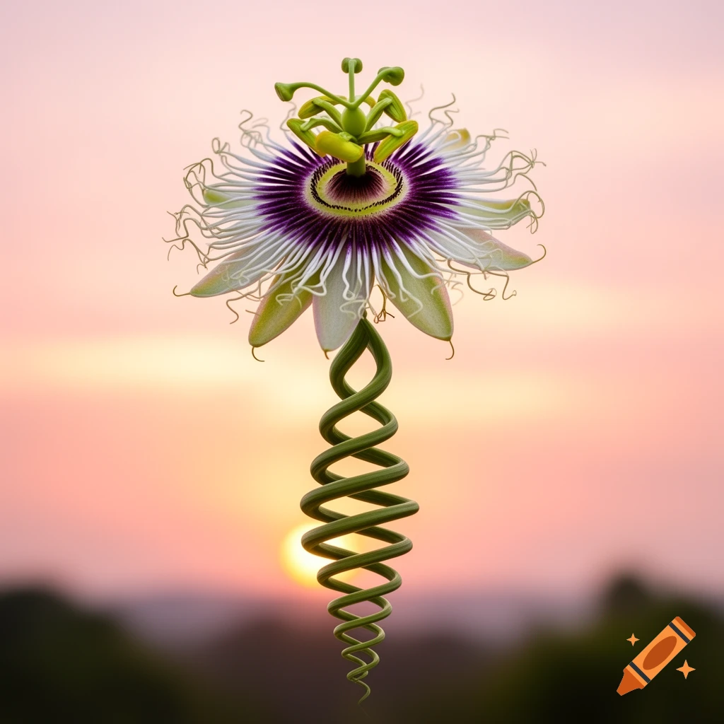 A detailed passion flower with a green spiral stem against a soft, blurry sunset background.