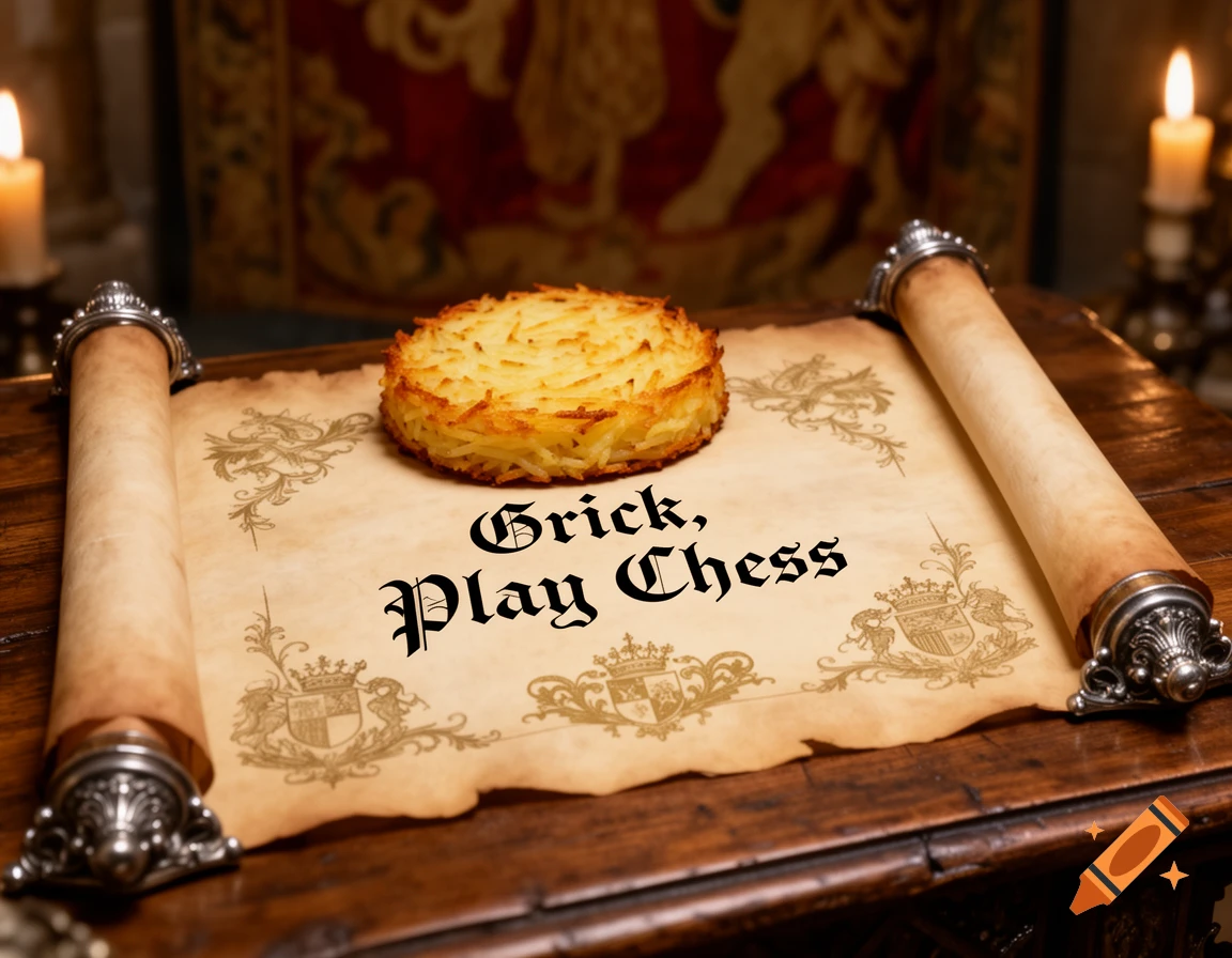 A hashbrown rests on a medieval scroll proclaiming 'Grick, Play Chess', illuminated by candles.