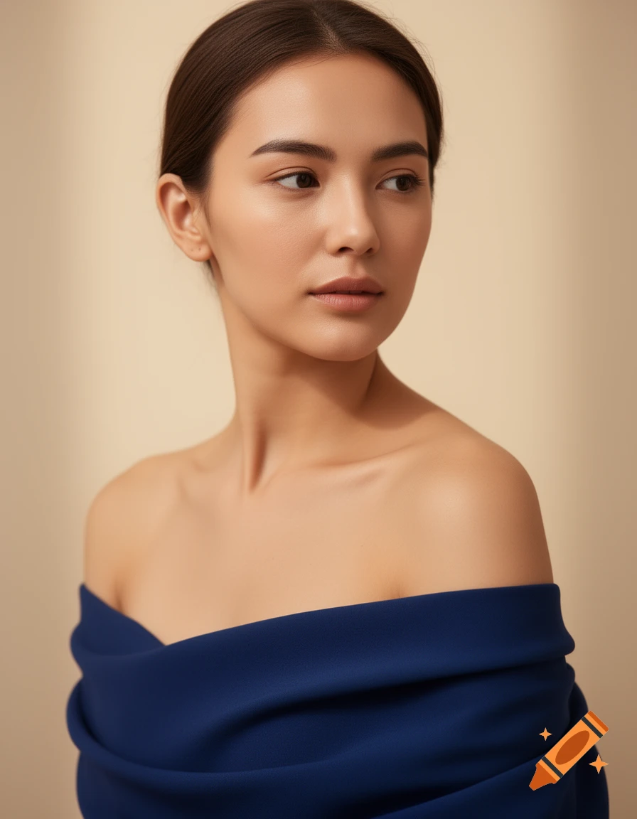 A serene woman with dark hair in a blue off-the-shoulder top against a plain beige background.