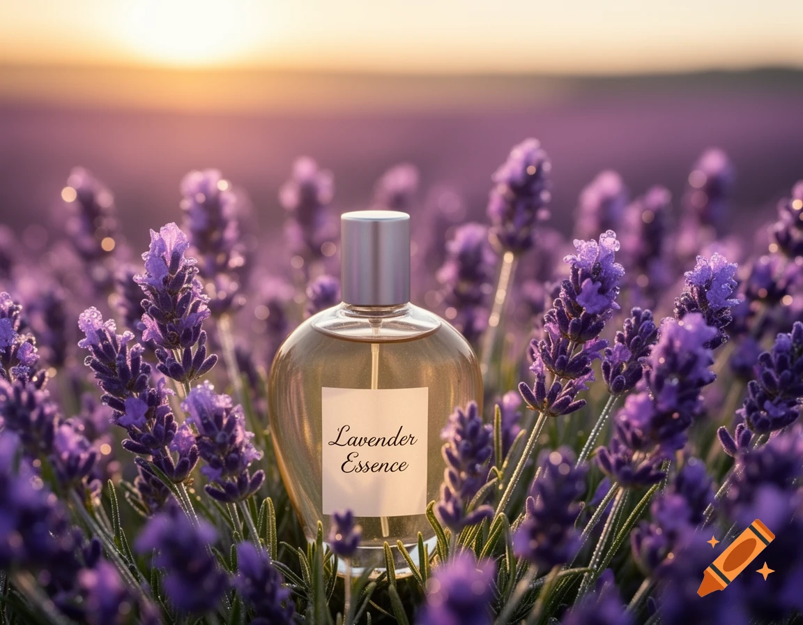 Photorealistic perfume bottle labeled 'Lavender Essence' in a field of vibrant purple lavender flowers at sunset.