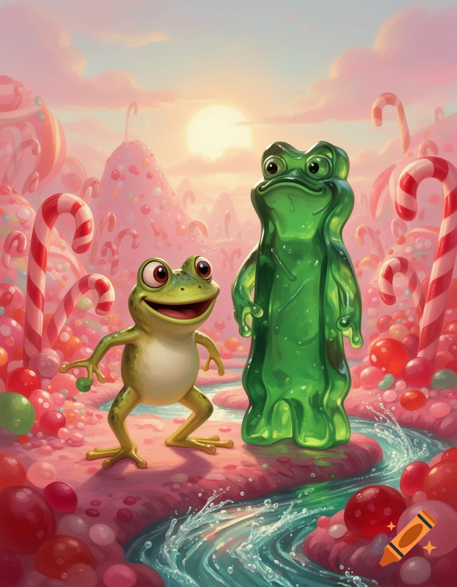 Cheerful green frog and large gummy frog stand in a vibrant candy land with candy canes, sweets, a river, and a sunset.