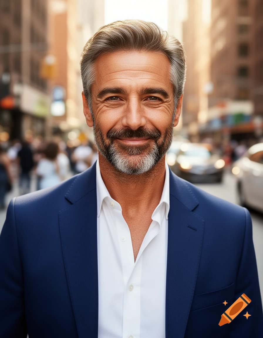 A smiling middle-aged man with gray hair and a beard, wearing a blue suit and white shirt, stands on a busy city street.
