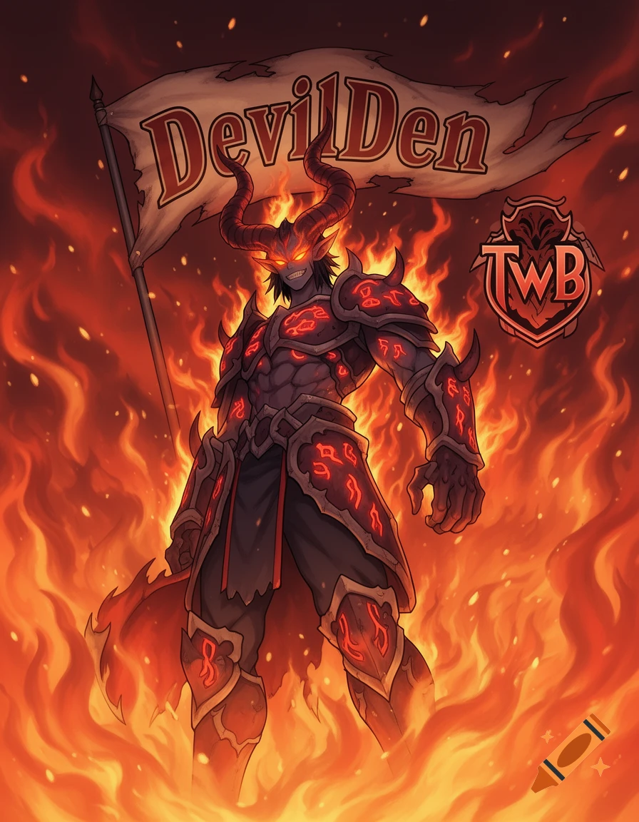 Anime-style armored devil in flames, holding a 'DevilDen' banner and 'TWB' shield.