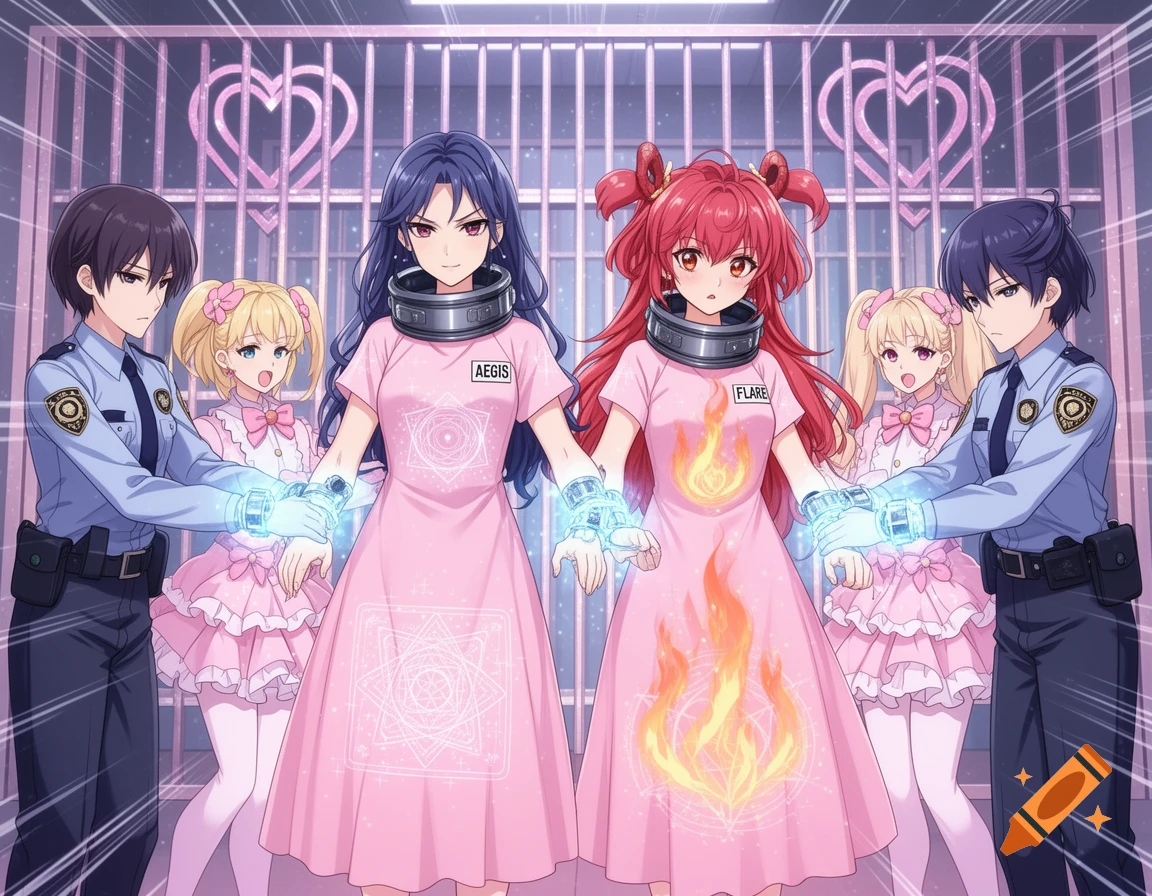 Anime scene of two magical girls in pink gowns, anti-mana collars, and glowing cuffs being arrested by police guards in a heart-themed prison.
