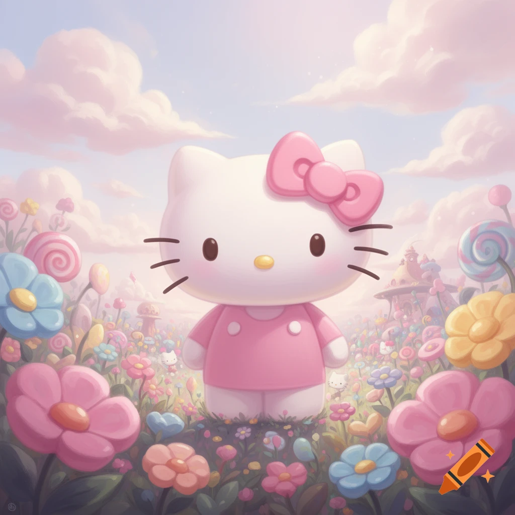 Hello Kitty stands in a vibrant field of colorful flowers and lollipops under a cloudy, pastel sky in a whimsical, cartoon style.