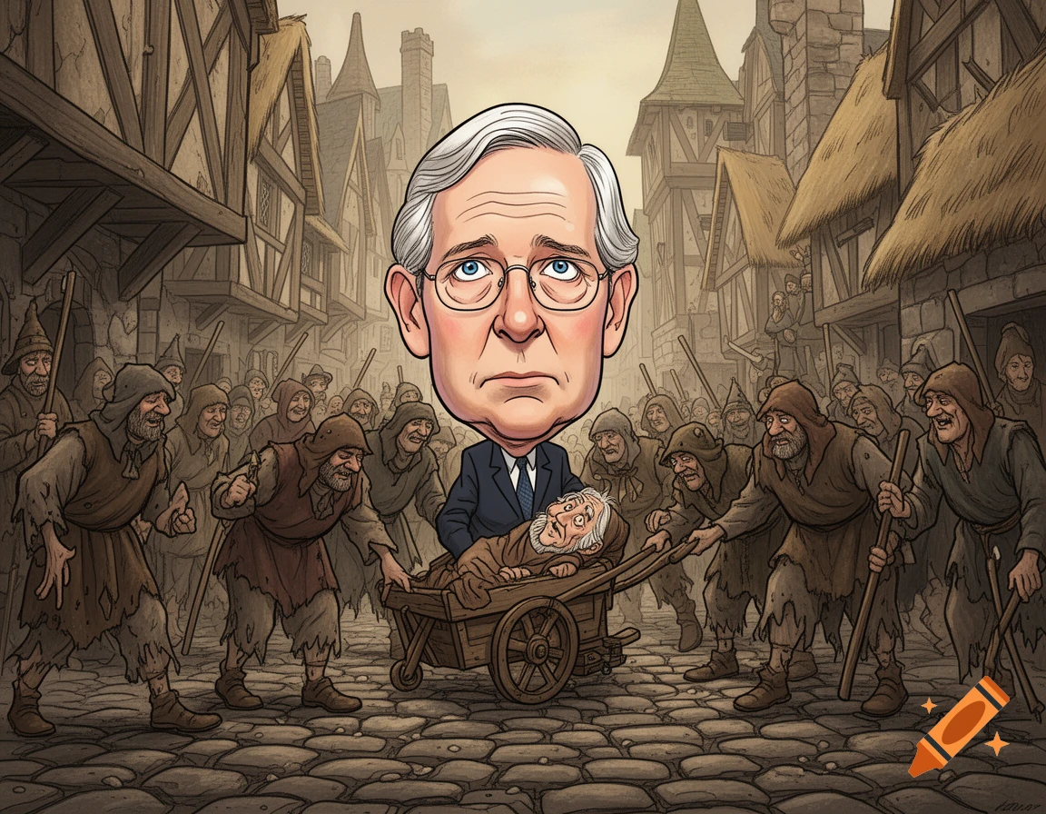 Satirical cartoon: A large-headed caricature of Mitch McConnell in a cart, pushed by ragged, laughing medieval villagers in a medieval street.