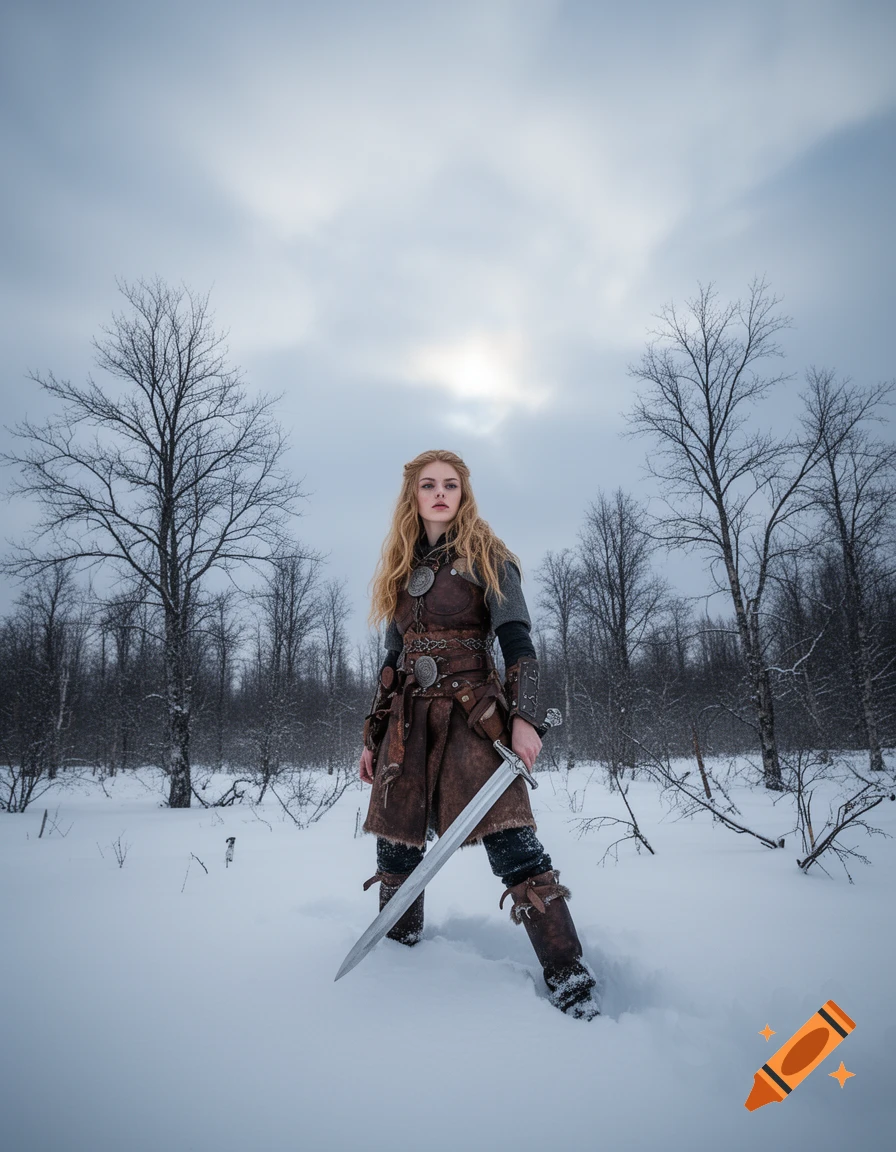 A blonde female Viking warrior in leather armor stands in a snowy forest, holding a sword, under a cloudy sky. Photorealistic.