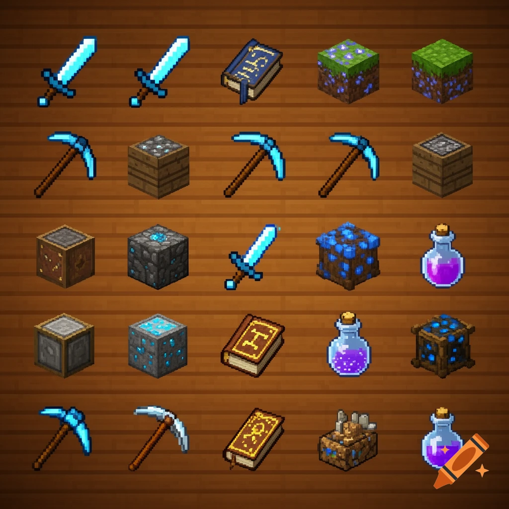 A grid of pixel art Minecraft-style items, including blue swords, pickaxes, potions, and various textured blocks, arranged on a wooden background.