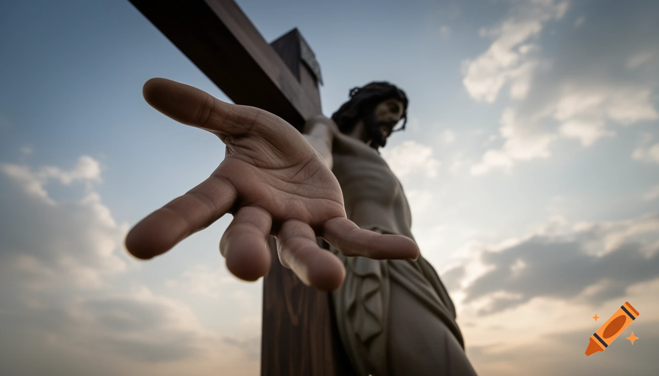 Close-up of a hand reaching out in the foreground, with a statue of Jesus on the cross in the background, under a cloudy sky.