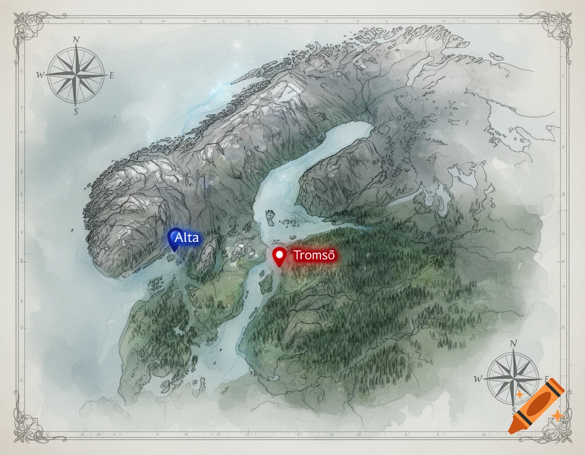 A watercolor-style map of northern Norway, highlighting Alta with a blue marker and Tromsø with a red marker.