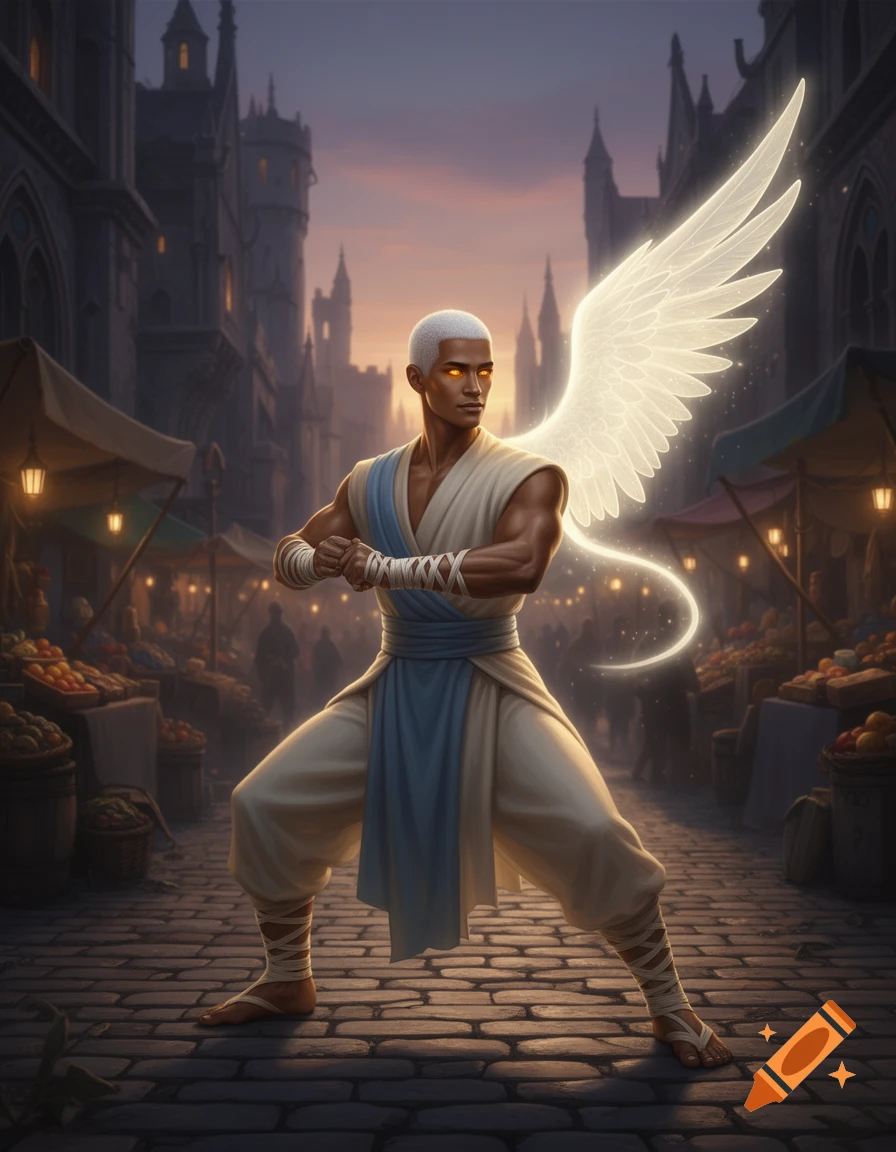 A photorealistic fantasy art portrait of a male aasimar monk with glowing wings and amber eyes, in a martial arts stance on cobblestone streets of a fantasy city at dusk.