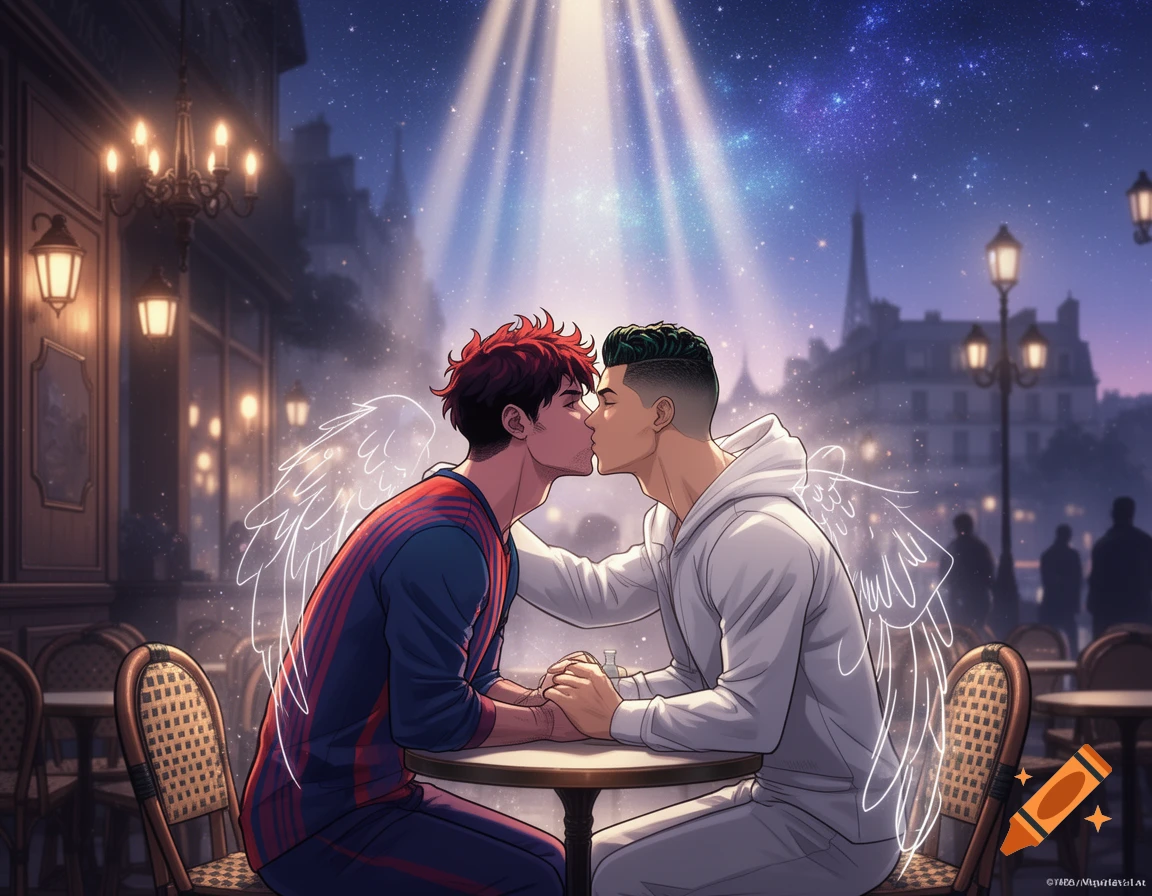Two stylized men, one with red hair, one with a fade, kiss passionately at a Paris cafe table under a starry sky, with ethereal outlined wings.