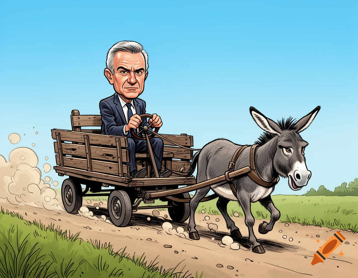 A satirical political cartoon shows a caricature of Friedrich Merz in a wooden cart pulled by a determined donkey on a dusty road.