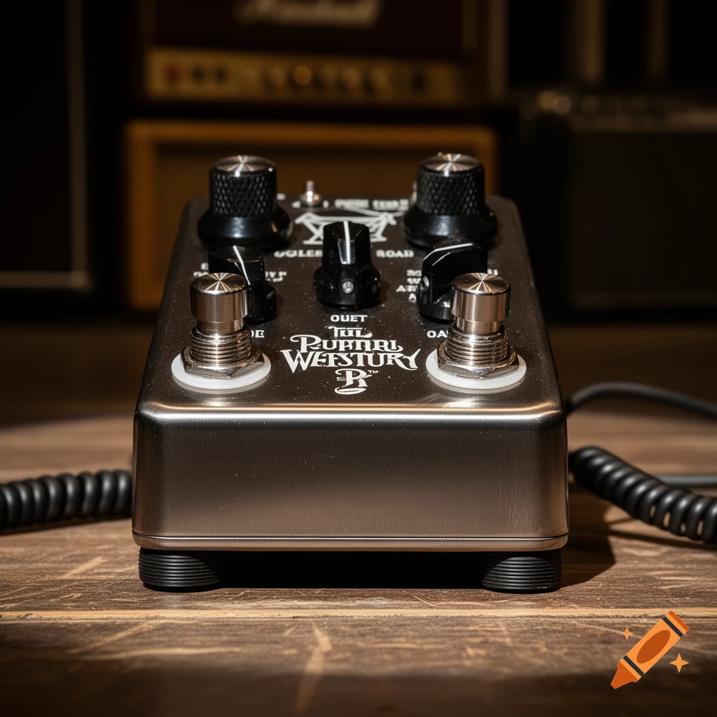 A close-up of a silver guitar effects pedal with black knobs and and foot switches, resting on a wooden surface.