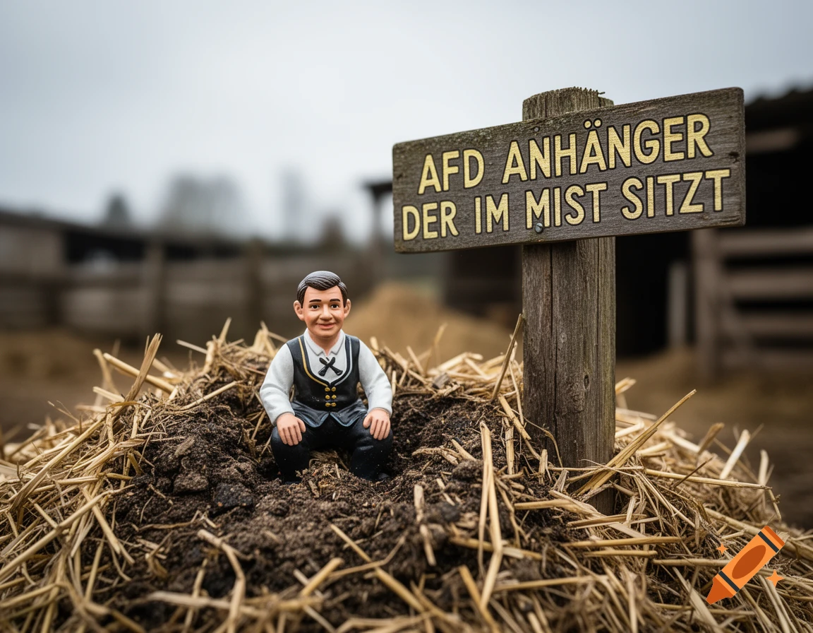 A figurine of a man in a vest sits in a pile of dirt and hay next to a wooden sign reading "AFD SUPPORTER WHO SITS IN THE MANURE".