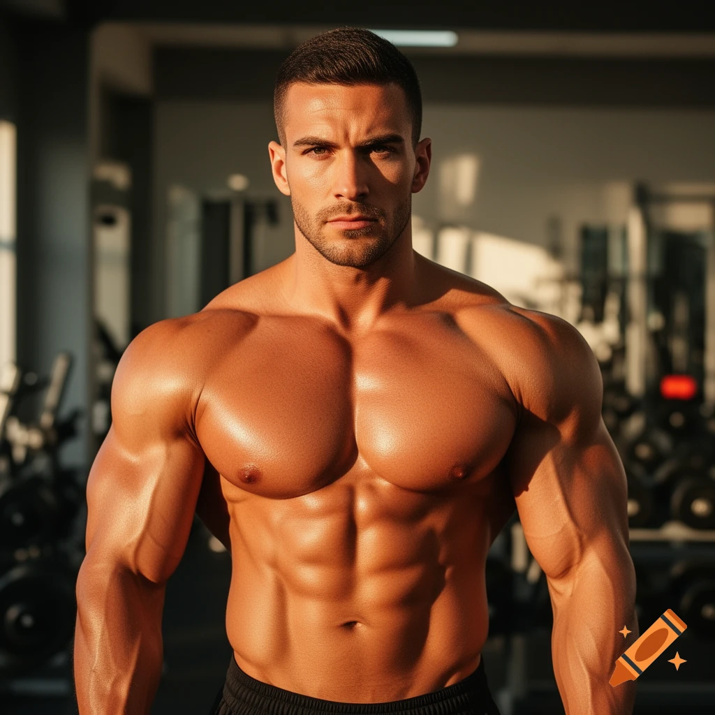A photorealistic image of a muscular man with prominent pectoral muscles and biceps, standing shirtless in a gym.