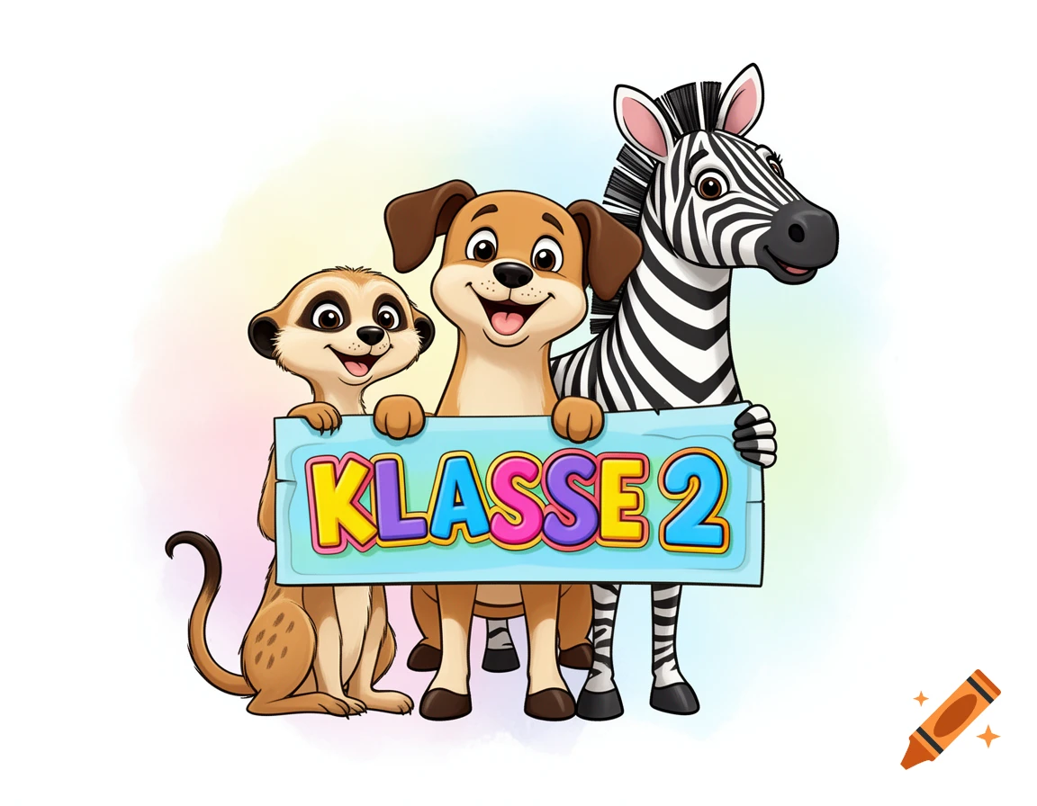 Cartoon meerkat, dog, and zebra smiling, holding a light blue sign that reads "KLASSE 2".