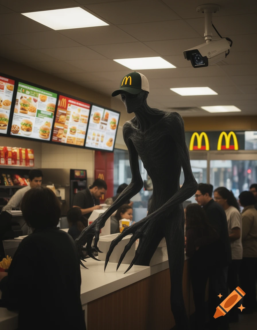A tall, dark, slender creature wearing a McDonald's hat stands behind the counter of a McDonald's restaurant. Photorealistic.