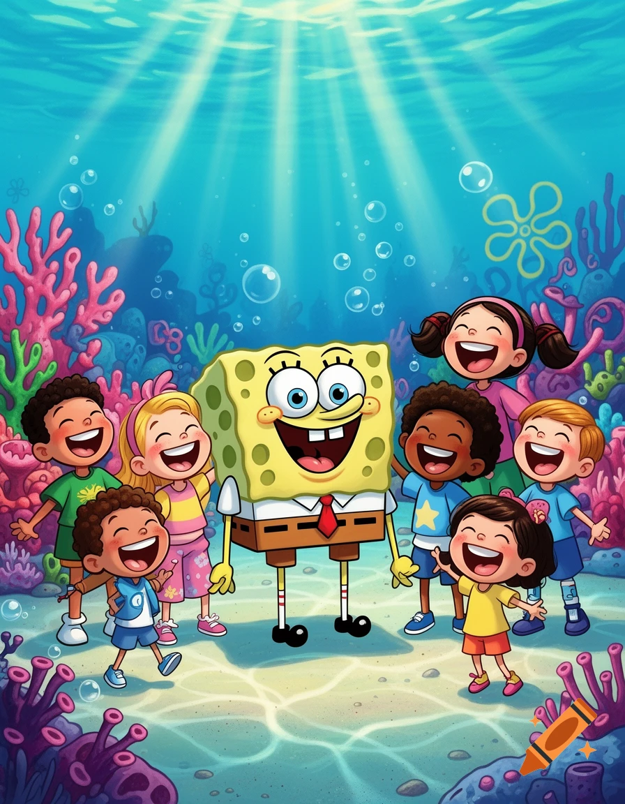 SpongeBob SquarePants stands in a vibrant cartoon underwater scene, surrounded by diverse, laughing children and colorful coral.