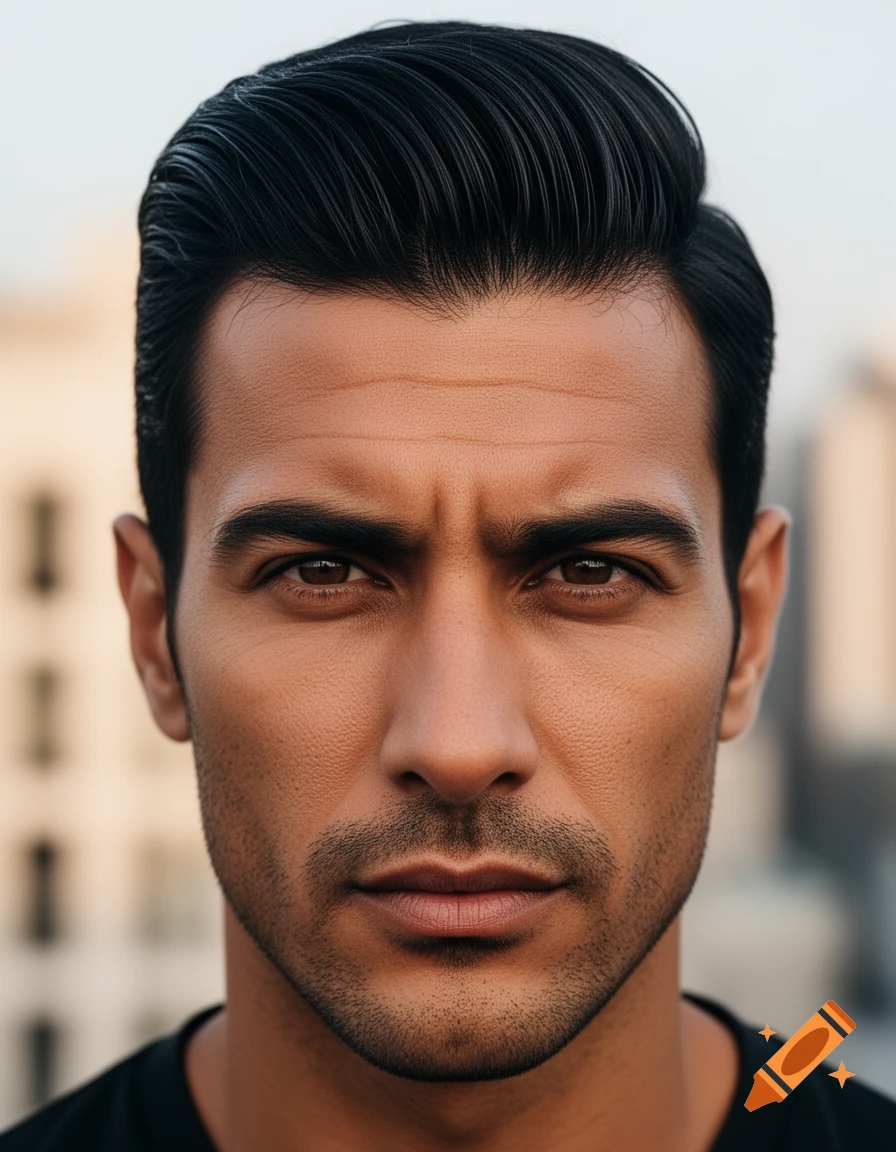 Close-up photorealistic portrait of a dark-haired man with a serious expression looking directly at the viewer.