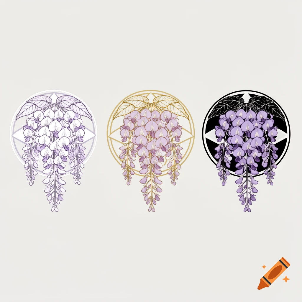 Three Japanese wisteria (fuji) clan emblems in varying light purple, white, gold, and black colors on a neutral background, in a precise vector art style.