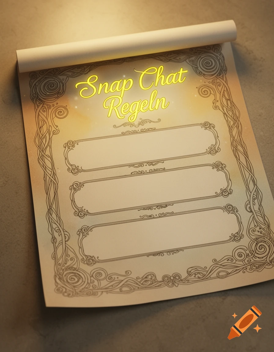 A vintage-style scroll with ornate, esoteric borders, displaying glowing yellow text 'Snap Chat Regeln' and three blank decorative boxes.